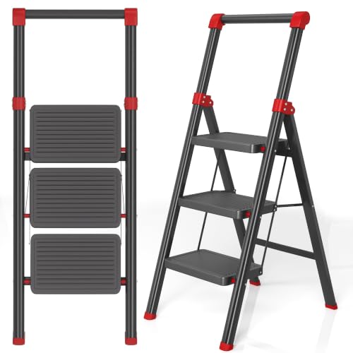 Step Ladder Foldable Folding Stool - 3 Step Stool with Wide Anti-Slip Pedal, Heavy Duty 600Lbs Ladder for Indoor Kitchen Closet Use, Black Red