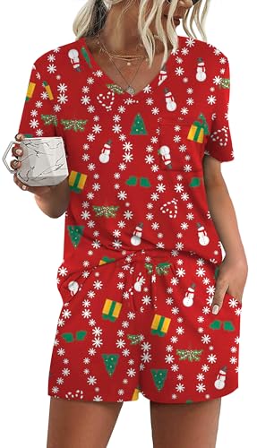 Image of RUBZOOF Women's Short Sleeve Pajama Sets with Pockets Casual V Neck 2 Piece Lounge Sets S-3XL