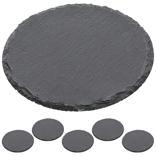 Cepewa Lot de 6 assiettes en ardoise - Ronds - Diamètre : 15 cm - Protection en feutre - Dessous de table - Plateau de service (1 lot de 6 assiettes en ardoise Ø 15 cm)