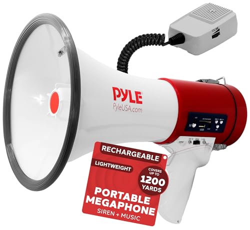 Pyle Megaphone 50-Watt Siren Bullhorn - Bullhorn Speaker w/ Detachable Microphone, Portable Lightweight Strap & Rechargeable Battery - Professional Outdoor Voice for Police & Cheerleading - PMP57LIA