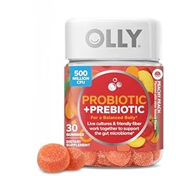 Olly, Probiotic + Prebiotic Gummy, 500 Million CFUs, Fos, Adult Chewable Supplement for Men and Women, Peach Flavored, 30 Day Supply, 30 Count