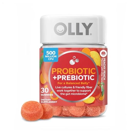 OLLY Probiotic + Prebiotic Gummy, Digestive Support and Gut Health, 500 Million CFUs, Fiber, Adult Chewable Supplement for Men and Women, Peach, 30 Day Supply - 30 Count