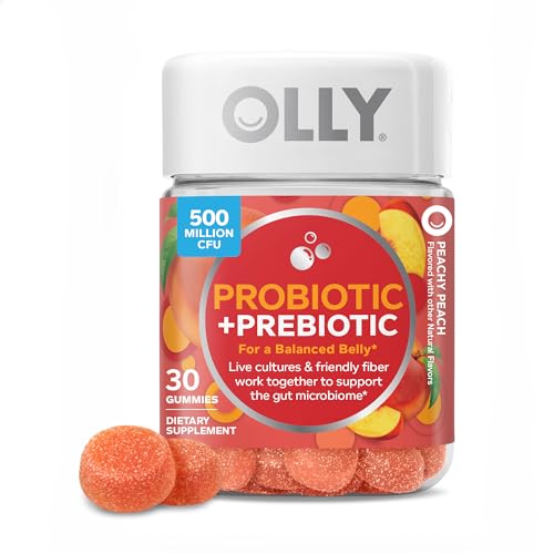 Olly, Probiotic + Prebiotic Gummy, 500 Million CFUs, Fos, Adult Chewable Supplement for Men and Women, Peach Flavored, 30 Day Supply, 30 Count