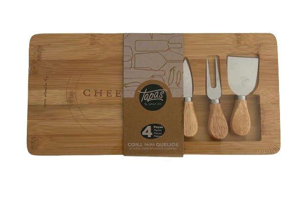 Planche à fromage en bambou avec ustensiles, 38 x 19 cm, set de 4 pièces, comprend des couteaux de service