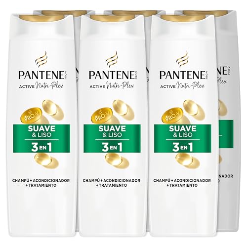 Pantene Champú + Acondicionador + Tratamiento 3en1 Suave & Liso Nutri Pro V para cabello encrespado y rebelde, 6x300 ML