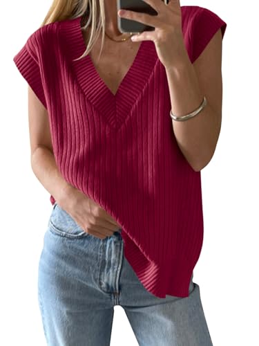 Image of Saodimallsu Womens V Neck Sweater Vest Oversized Ribbed Knit Sleeveless Casual Loose Fit Pullover Tank Top
