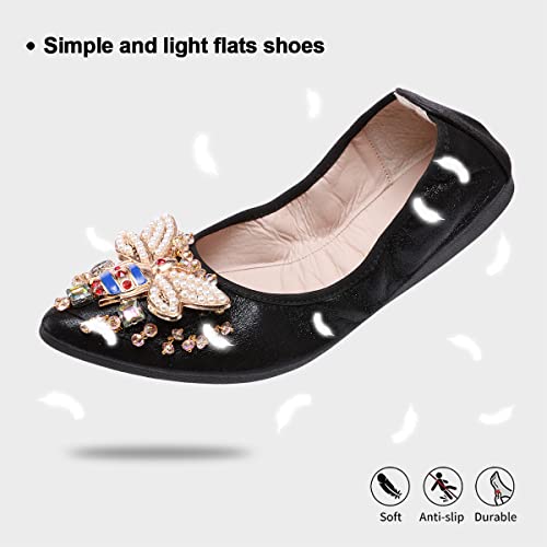 Stylein Women Ballet Flats Rhinestone Bee Ballerina Shoes Foldable Sparkly Comfort Slip On Flat Shoes Black #TOP2