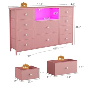 Ldttcuk dresser with charging station and led lights pink dresser for girls bedroom bedroom long dresser tv stand with 10 drawers fabric wide dresser storage organizer for hallway kids room  urban country home decor