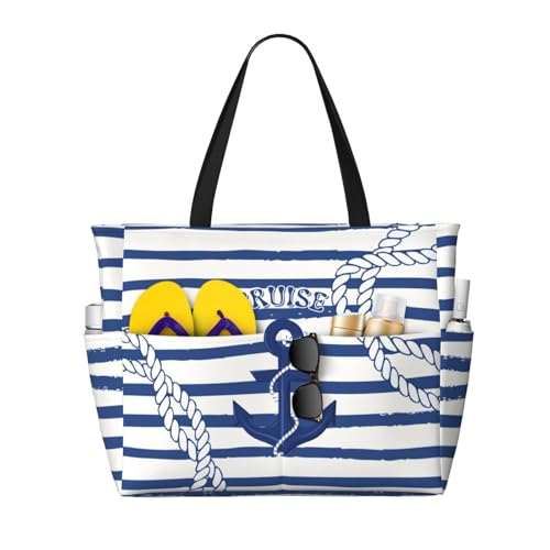 NLZI Beach Bag for Women Cruise Rope Print Beach Tote Bag Waterproof Sandproof Large Bags with Zipper Big Capacity for Travel