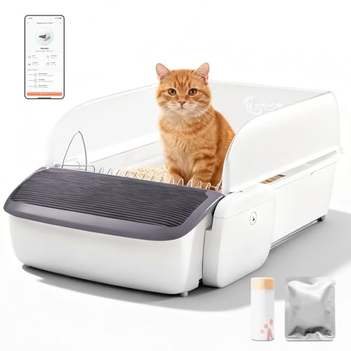 Automatic Cat Litter Box Self-Cleaning for Multiple Cats Extra Large with App Control/Splash Guard/Safety Anti-Pinching Design/Odor Control Open-top Litter Box with Waste Bag
