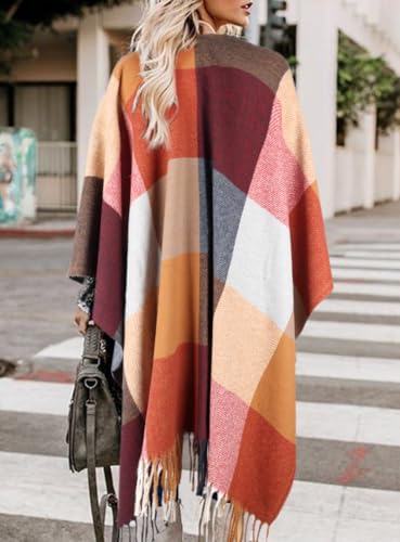 Image of Bestshe Women's Boho Open Front Poncho Plaid Shawl Wrap Cape | Tassel Cardigan Sweater, Cozy Layering, Fall Winter Clothes for Women