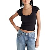 Aeropostale Women's Seriously Soft Rib Scoop Neck Baby Tee, Dark Black, Small