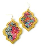 Moroccan Style Floral Dangle Earrings, Gold Frame, Multicolor Pattern, Handcrafted Design
