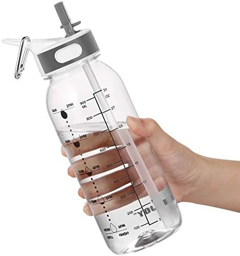 JIMACRO Water Bottle, 1 Litre Water Bottle with Straw and Handle BPA-Free, Daily Water Intake Bottle with Time Markings Tracker to Remind the Drinking Time, Ideal for Gym Office Hydration