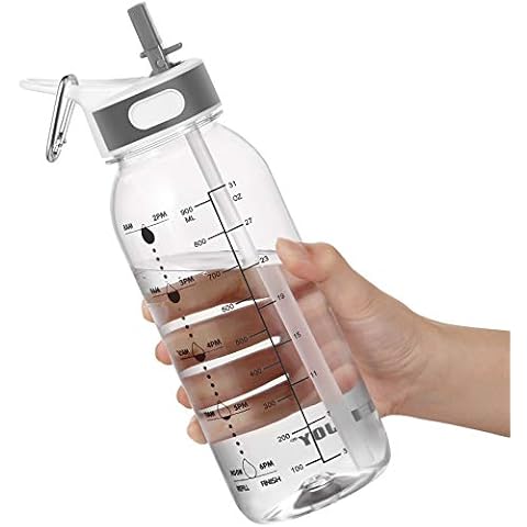 JIMACRO Water Bottle, BOTTLED JOY 1 Litre Water Bottle with Straw and Handle BPA-Free, 32 Oz Daily Water Intake Bottle with Time Markings Tracker to Remind the Drinking Time, Ideal for Hydration Cover