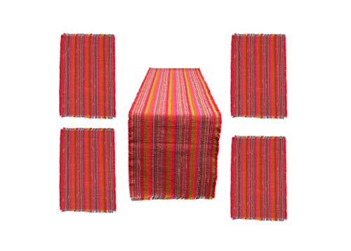 Table Runner and 4 Placemats - Colorful Artisan Cotton Mats for Dining, Kitchen