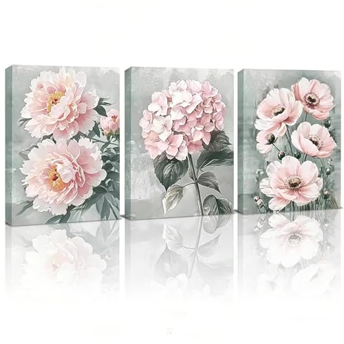 Shuqio Lot de 3 Tableaux Sur Toile Fleuris Avec Cadre Tableaux Muraux Pivoine Rose Hortensia Decoration Murale Pour Salon Chambre 30×40cm Pret A Accrocher...