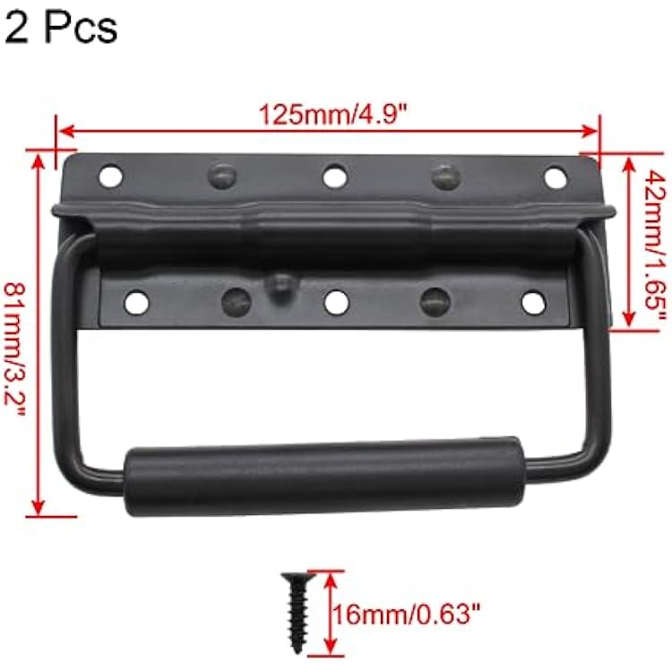 Piutouyar 4.9 Inch Spring Loaded Handle, Heavy Duty Handle Surface Mount, Folding Handle with Rubber Grip for Toolbox, Boxes,Black(2Pcs)