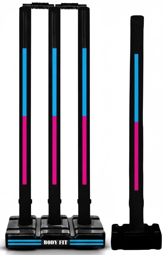 Bodyfit Heavy Cricket Stumps PVC Wickets Set with 4 Stumps + 2 Bails + 2 Stands Full Size Wickets for Cricket Ground, Tournament Wicket. (Black-Blue-Pnk)