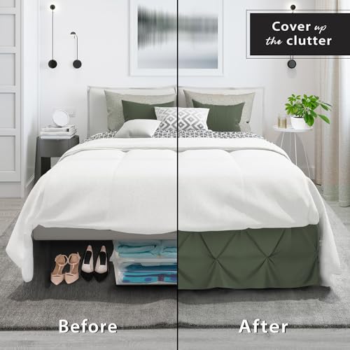 Image of Nestl Olive Green Bed Skirt Full Size, Pinch Pleat Full Bed Skirt, 14 inch Inch Drop Full Bedskirt Hotel Quality Olive Green Bed Skirts Premium Microfiber Bedskirt for Full Bed, Olive Green Full Bed Skirt