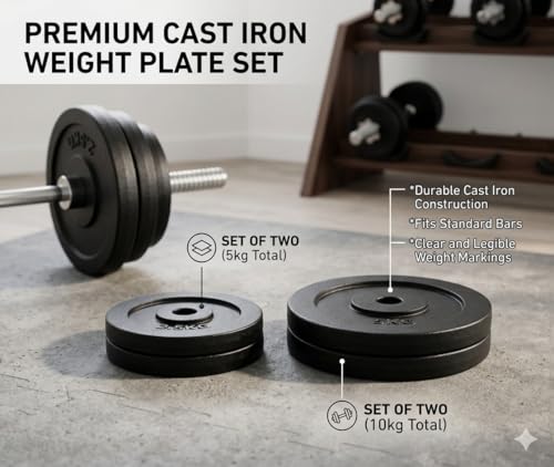 Image of Cast Iron Weight Plates for Home Gym (Centre Hole 30mm)- Standard Gym Plates for Strength Training, Durable & Rust-Resistant, Multiple Weight Options | From the House of Healthycliq | Sedex Certified | Bodybuilding Fitness And Core Fitness (15KG (2.5KG X 2 + 5KG X 2), Cast Iron)