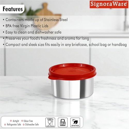 Image of SignoraWare Ample Stainless Steel Container | Airtight & Leakproof | Dishwasher Safe | Durable Storage Solution | Ideal for Kids, Office, School, Picnic & Outdoor Use (225ml | Red)