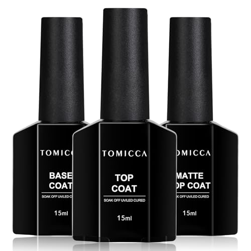 TOMICCA Base Coat and Top Coat - 3x15ml No Wipe Matte and Glossy Coat for Professional Gel Polish, UV/LED Soak Off for Gel Nail Polish Home Salon