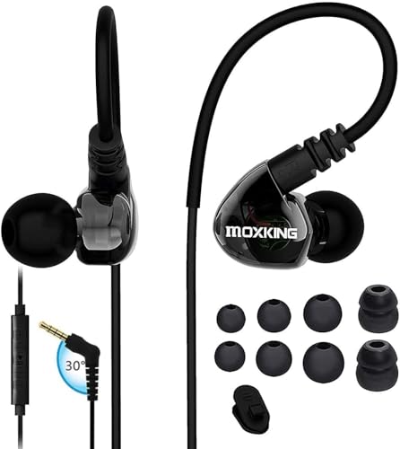MOXKING Oordopjes voor hardlopen, sport, bekabeld, over-ear, in-ear headsets, geluidsisolatie, waterdichte oordopjes, verbeterde bas, stereo oordopjes met microfoon en afstandsbediening voor