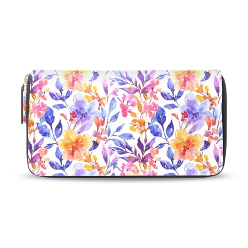 Long Wallets Leather Bifold Wallet for Women Botanic Watercolor with Zipper Credit Card Holder Large Capacity