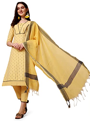 Image of NAINVISH Cotton Blend Kurti Pant & Dupatta | Yellow Kurta Set for Women | Women Kurta Pant Dupatta Set | Kurta Set for Women | Printed Kurta Pant Dupatta Set