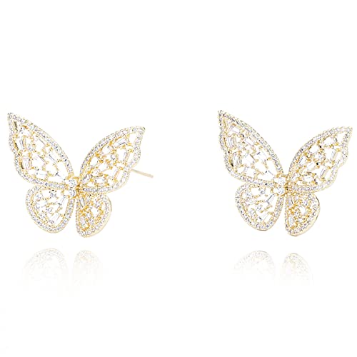 Pave CZ Butterfly Earrings For Women By Vintage Havana 18K Gold Plated Drop/Dangle Cubic Zirconia Earrings Made With Sterling Silver Post