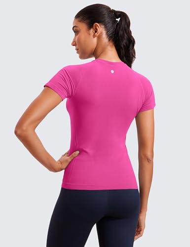 CRZ YOGA Seamless Workout Tops for Women Short Sleeve Athletic Tees Breathable Gym Running Yoga Shirts Hibiscus Purple Large - Image 3