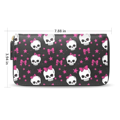 Long Wallets Leather Bifold Wallet for Women Skull Pink Bow with Zipper Credit Card Holder Large Capacity2