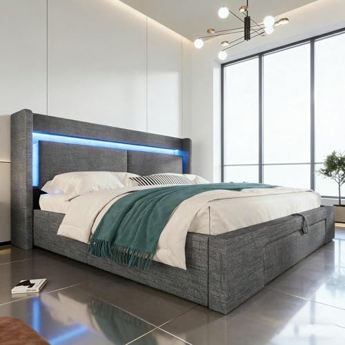 Expuesto a 140x200 cm Gris Lin con Aire Acondicionado Hidráulico, Iluminación Multifuncional (Etagères/LED/Puertos USB), Sommier à Lattes, Matelas Fourni