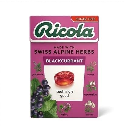 Ricola Blackcurrant Herb Drops, Sugar Free, Made with Swiss Alpine Herbs, Soothingly Good, By febora foods, 45g