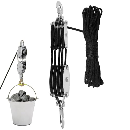 KBIBCK 4-Rollen Flaschenzug Arbeitssparender, Schwerlast Flaschenzug mit 20m Nylon Seil, 400 kg Max. 8:1 Hubkraft, 270° Drehbar Seilzug-Flaschenzugsystem für Baustellen Garagen Lagerhallen