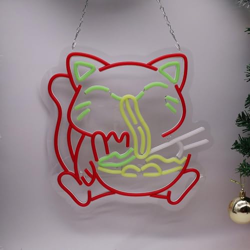 Image of Ramen Neon Sign Ramen Cat LED Light Wall Decor for Living Room, Dining Room, Ramen Shop - Unique Gift for Cat Lovers, Ramen Lovers 12.8 * 16.6 Inch