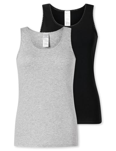 Schiesser Damen Trägertop 2er-Pack - Größe 40 - Modern Multipacks schwarz/grau melange - Unterhemd mit Spitze - Damenwäsche aus 95% Baumwolle und 5% Elasthan - angenehm weich & elastisch