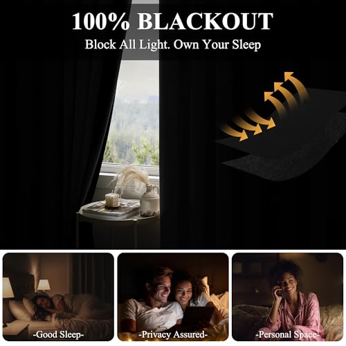 Image of RYB HOME Total Blackout Curtain for Bedroom /Office, 120 inches Wide Drape for Living Room Big Window, 96 inches Long Sliding Door Curtain, Room Partition Divider, Black, 1 Panel