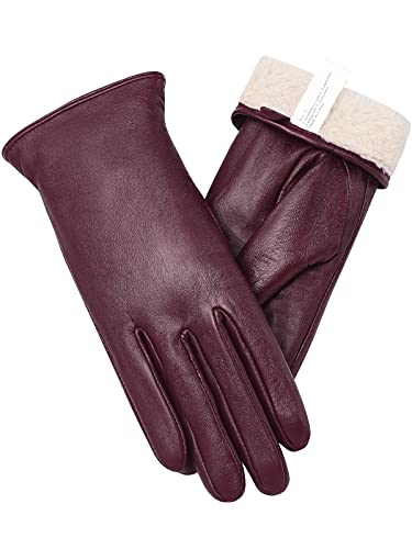 vislivin Vollhand Touchscreen-Handschuhe für Damen Leder Handschuhe Warmer Winter SMS Autofahren Handschuh Weinrot S