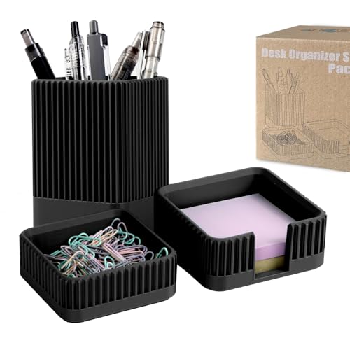 Aesthetic Desk Organizers and Accessories Set of 3 with Pen Holder,Paperclip Holder,Sticky Note Holder - Durable Plastic Pencil Holder for Office Women Men-Teacher Appreciation/Back-to-school Gift
