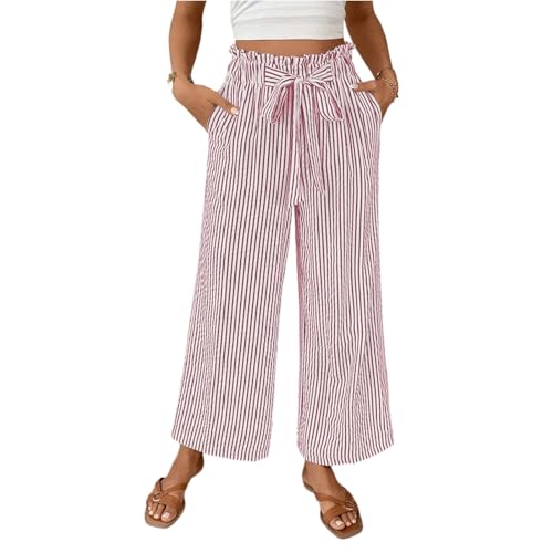 Striped Linen Pants Women Wrap Elastic Waist Wide Leg Trousers Casual Summer Pinstripe Lounge Pants with Pockets