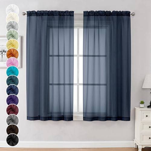 Image of Chyhomenyc Sheer Curtains 63 Inch Length Set of 2, Rod Pocket Voile Drapes for Living Room, Bedroom, Window Treatments Semi Sheer Curtain Panels for Yard, Patio, Villa, Parlor, 42Wx 63L, Navy Blue