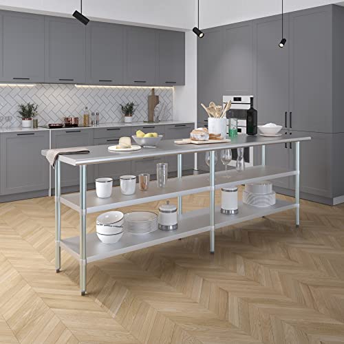 Image of AmGood Stainless Steel Work Table with 2 Shelves | NSF | Metal Utility Table (96 inch Long x 24 inch Deep)