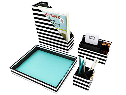 Blu Monaco Black White Stripes Desk Organizers and Accessories - 4 Piece Desktop Cubicle Decor Set - Letter - Mail Office Supplies Organizer, Paper - Document Tray, Pen Cup, Magazine File Holder