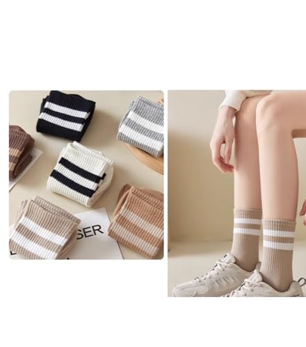 Image of Deeorla Womens Striped Crew Socks Brown Vintage Retro Athletic Socks 5 Pairs