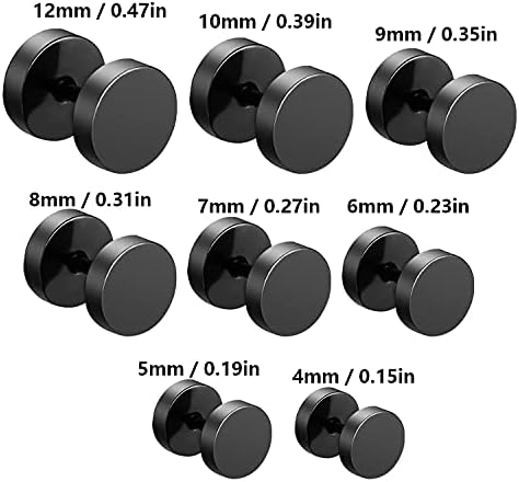 Zeayebsr Black Stud Earrings Stainless Steel Men Earring Pack 1 to 8 Pairs Ear Piercing Plugs Tunnels Screw Studs Set 18 GaBlack 4-12mm:8 Pairs