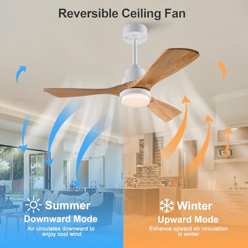 Image of 42 Inch Outdoor Ceiling Fans with Lights and Remote Control, Dimmable Outdoor Ceiling Fans for Patios 3 Blade Wood White Natural Wood Bedroom Ceiling Fan with Light, Wall Switch