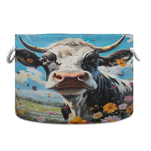 Round Cute Black and White Cow Flower Storage Basket Large Organizer Bin Laundry Hamper Toy Storage Basket with Handle for Nursery Clothes Toys 202b4884