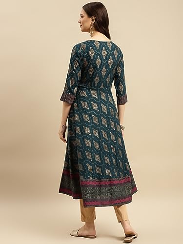 Image of rangita Teal Rayon Calf Length Embroidered Anarkali Kurti for Women | Kurta for Women